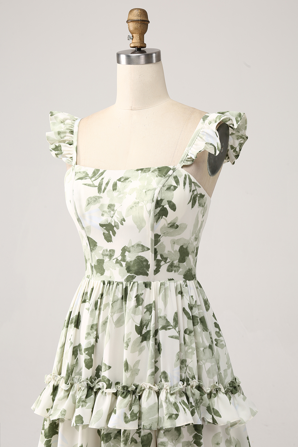 Green A Line Square Neck Tiered Printed Long Prom Dress With Slit