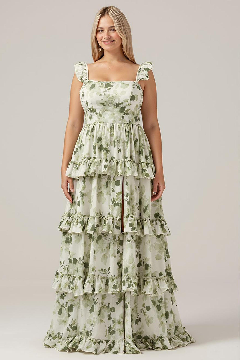 Plus Size Green Floral Tiered Ruffled Floral Long Bridesmaid Dress with Slit