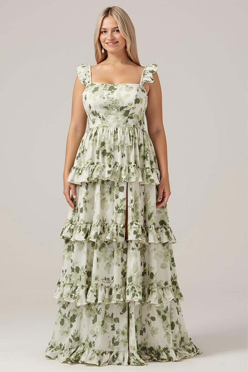 Leely Women Plus Size Ruffled Tiered Bridesmaid Dress with Slit Green Floral A Line Long Wedding Guest Dress