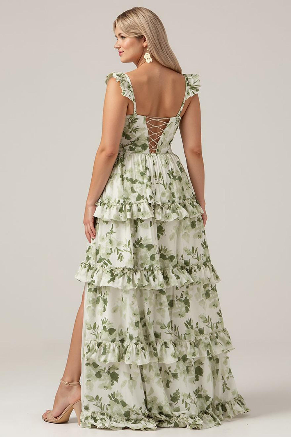 Plus Size Green Floral Tiered Ruffled Floral Long Bridesmaid Dress with Slit