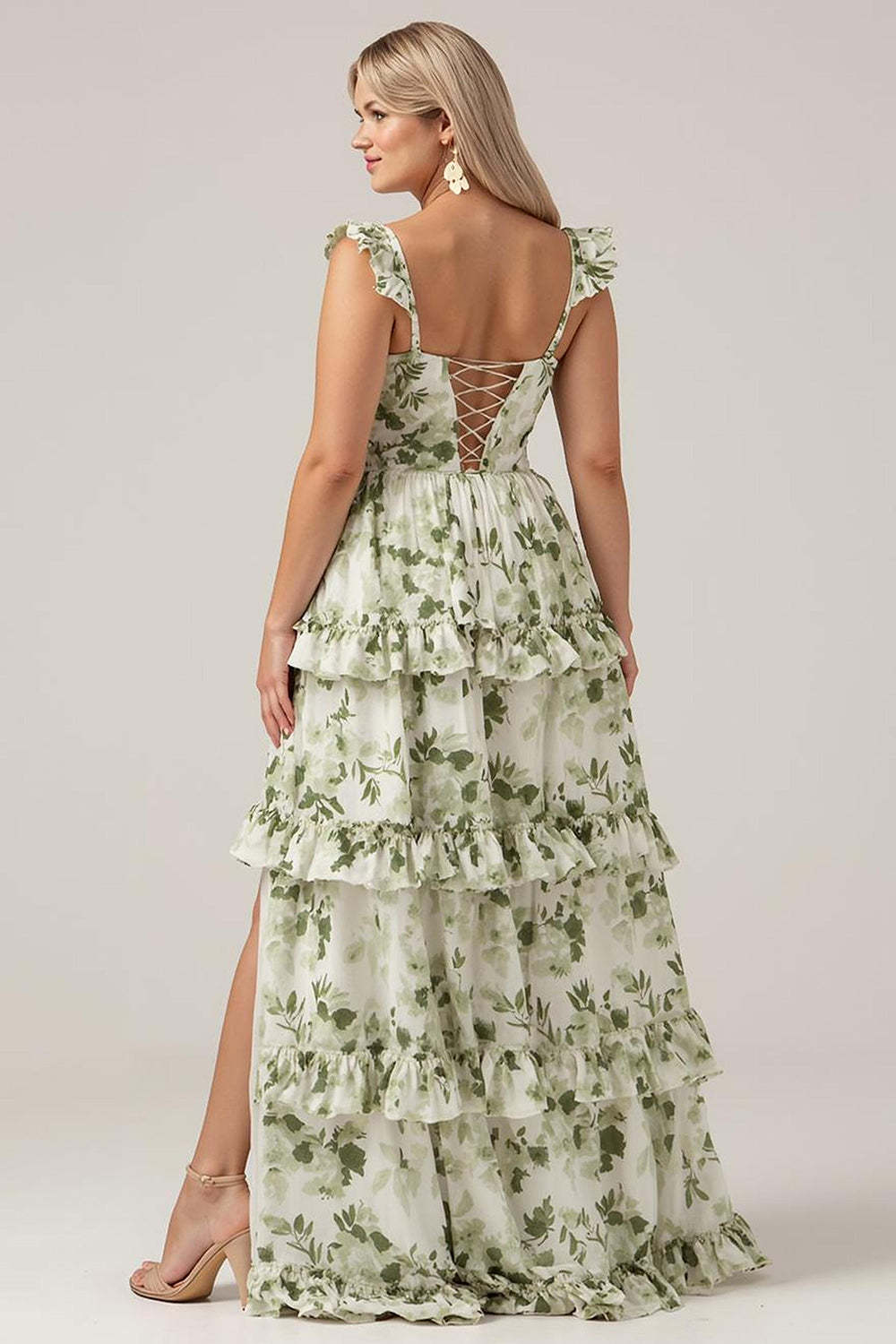 Plus Size Green Floral Tiered Ruffled Floral Long Bridesmaid Dress with Slit