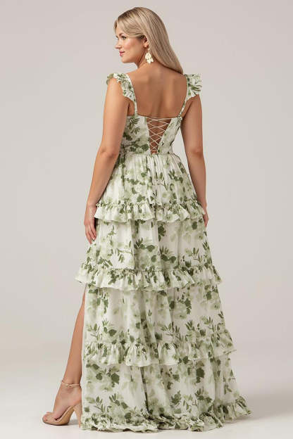 Plus Size Green Floral Tiered Ruffled Floral Long Bridesmaid Dress with Slit