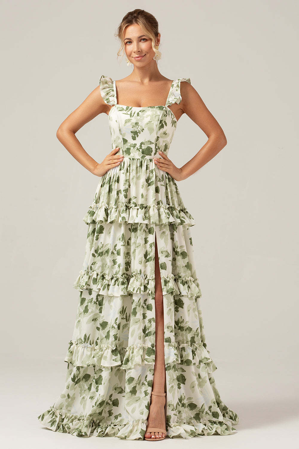 Leely Women Ruffles Tiered Bridesmaid Dress with Slit Green Floral A Line Long Formal Dress