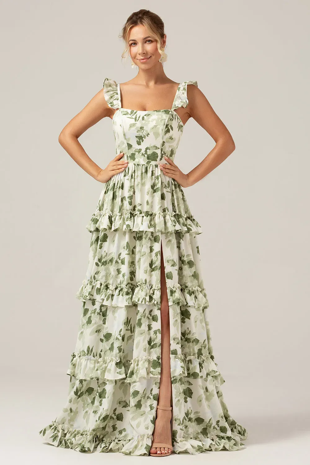 Green A Line Square Neck Tiered Printed Long Prom Dress With Slit