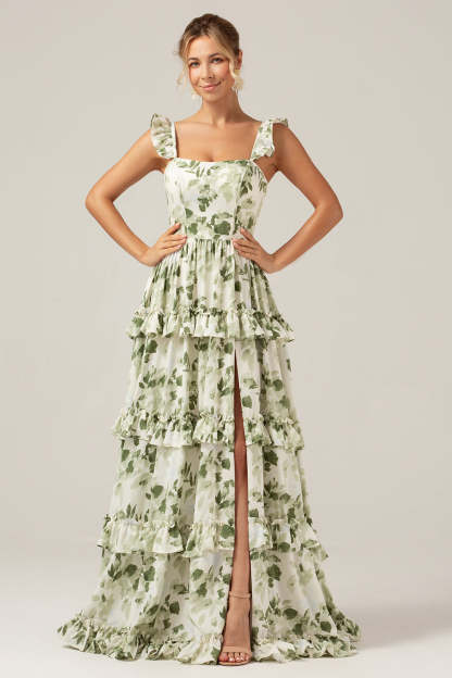 Leely Women Ruffles Tiered Bridesmaid Dress with Slit Green Floral A Line Long Formal Dress