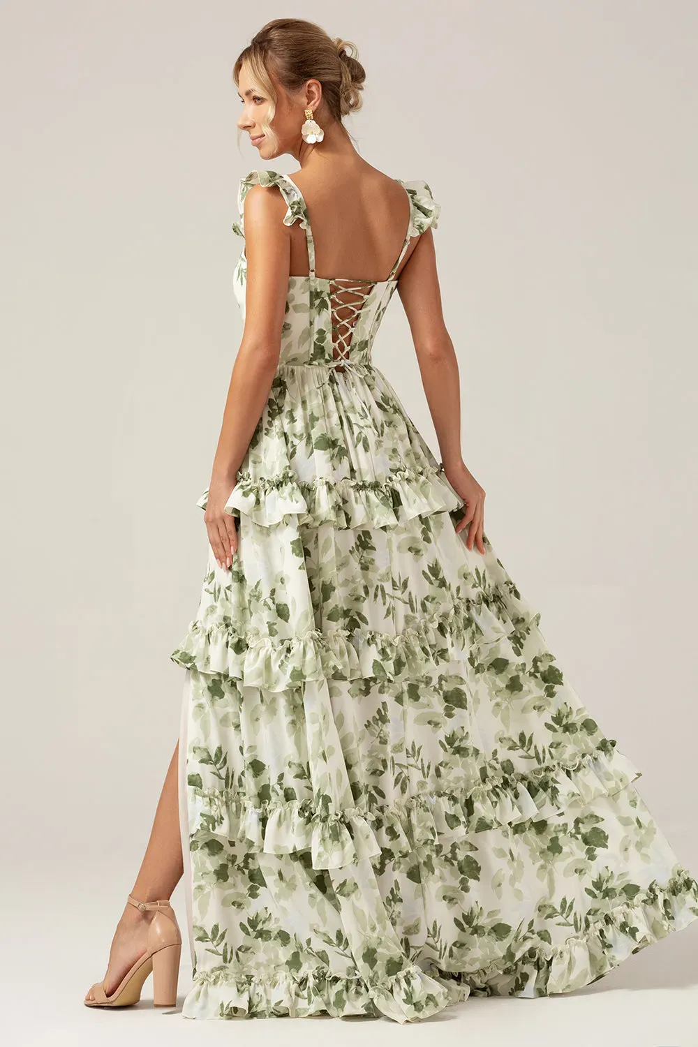 Green A Line Square Neck Tiered Printed Long Prom Dress With Slit