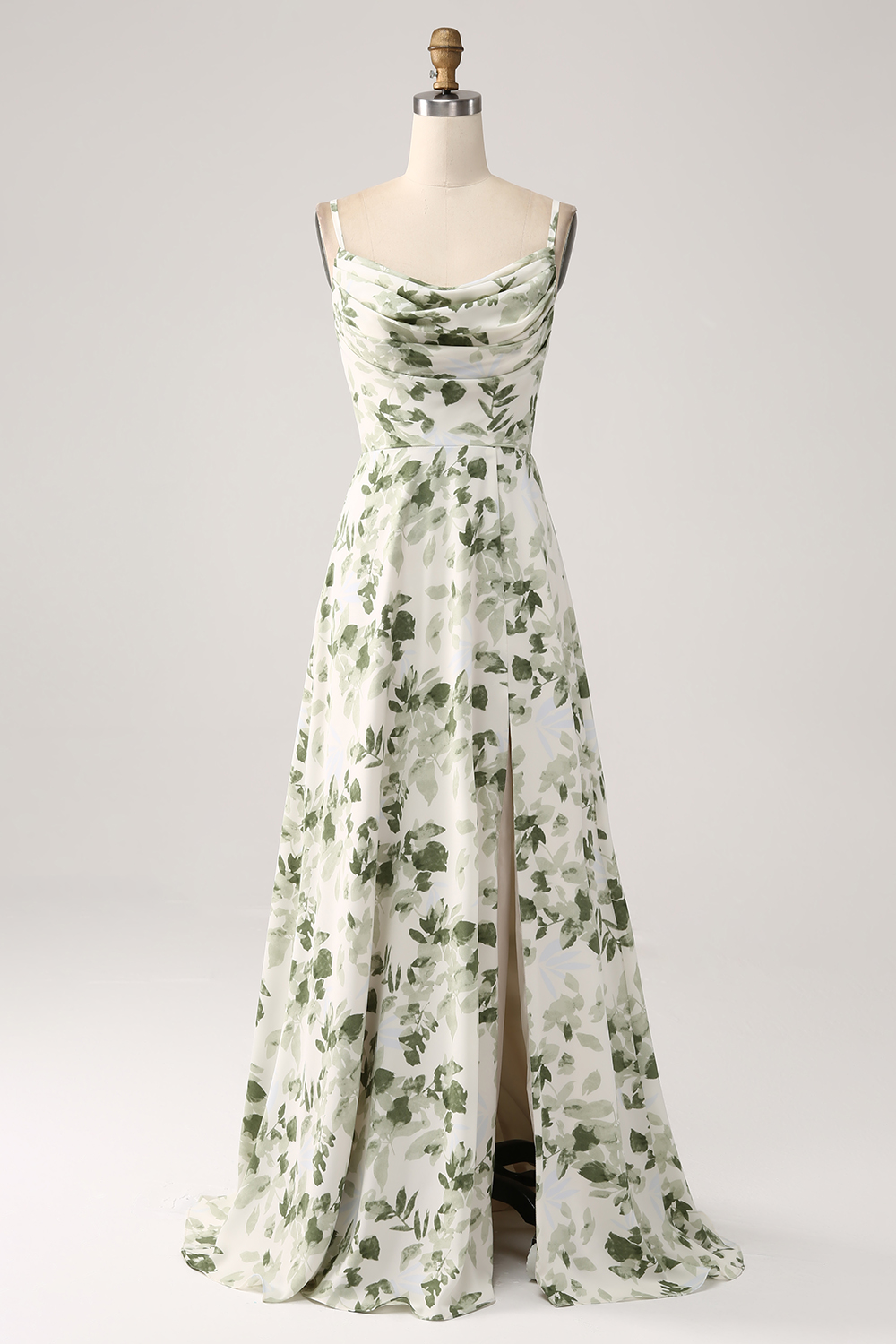 Green A Line Spaghetti Straps Printed Long Prom Dress With Slit