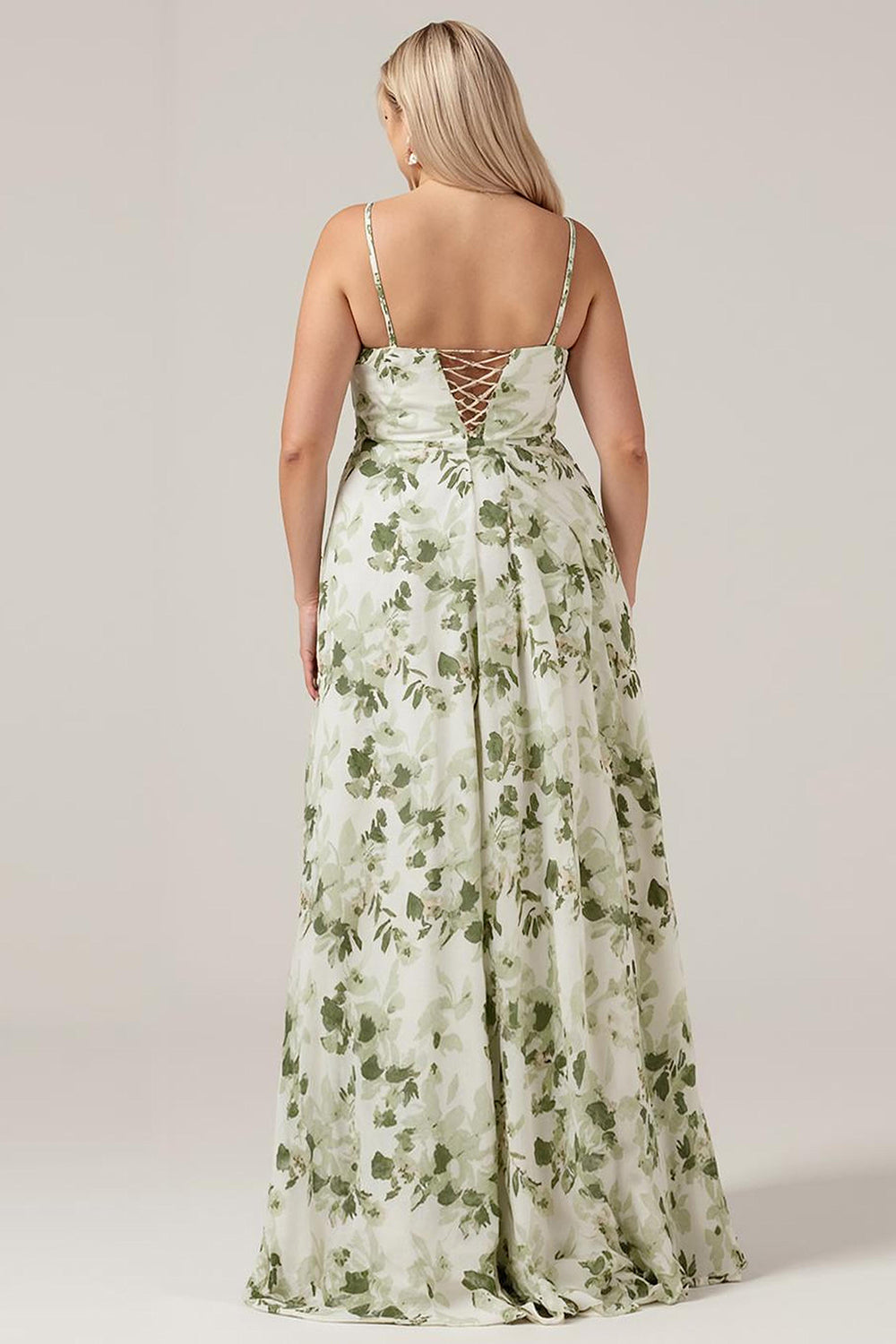 Plus Size Green Floral A Line Long Bridesmaid Dress with Slit