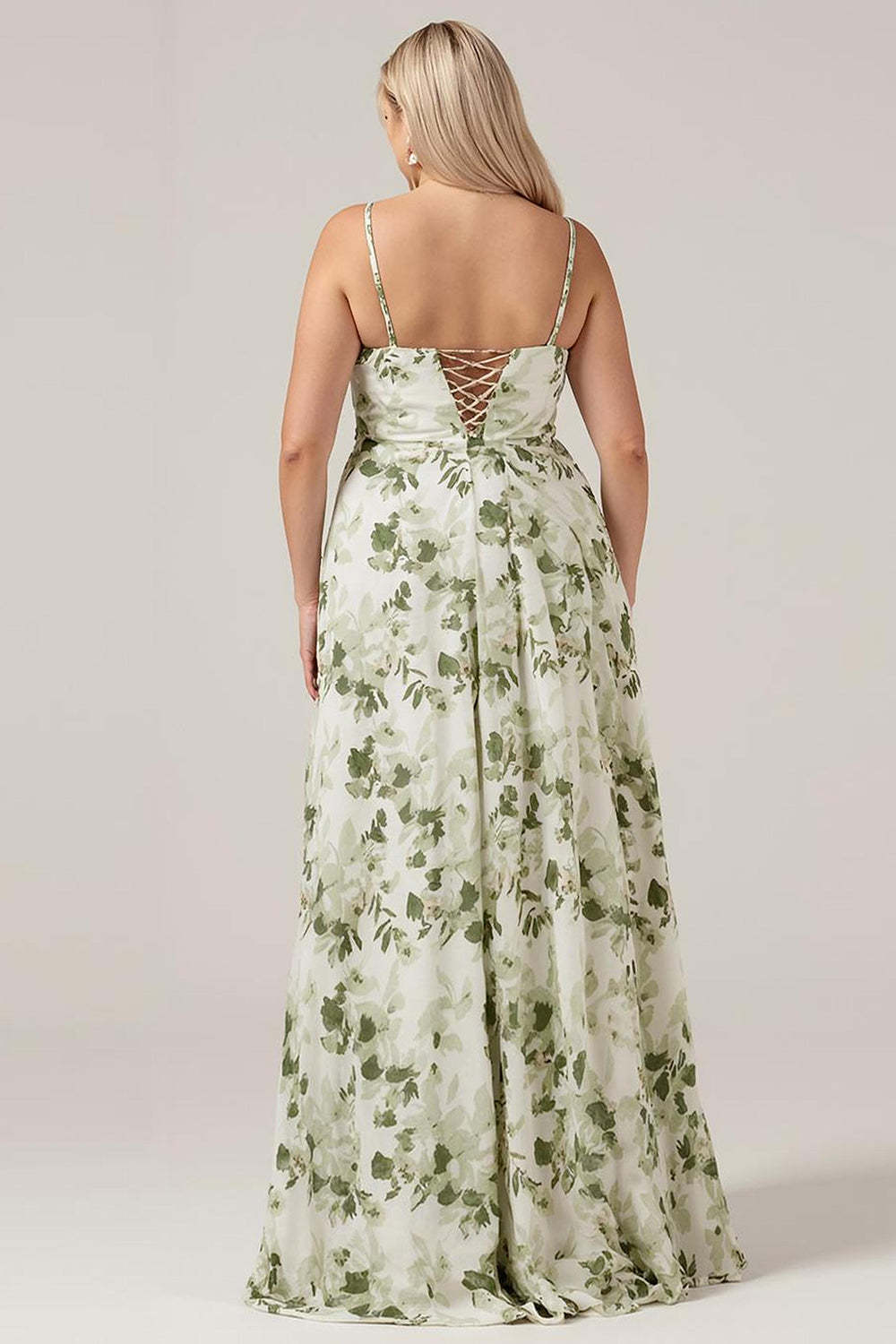 Plus Size Green Floral A Line Long Bridesmaid Dress with Slit