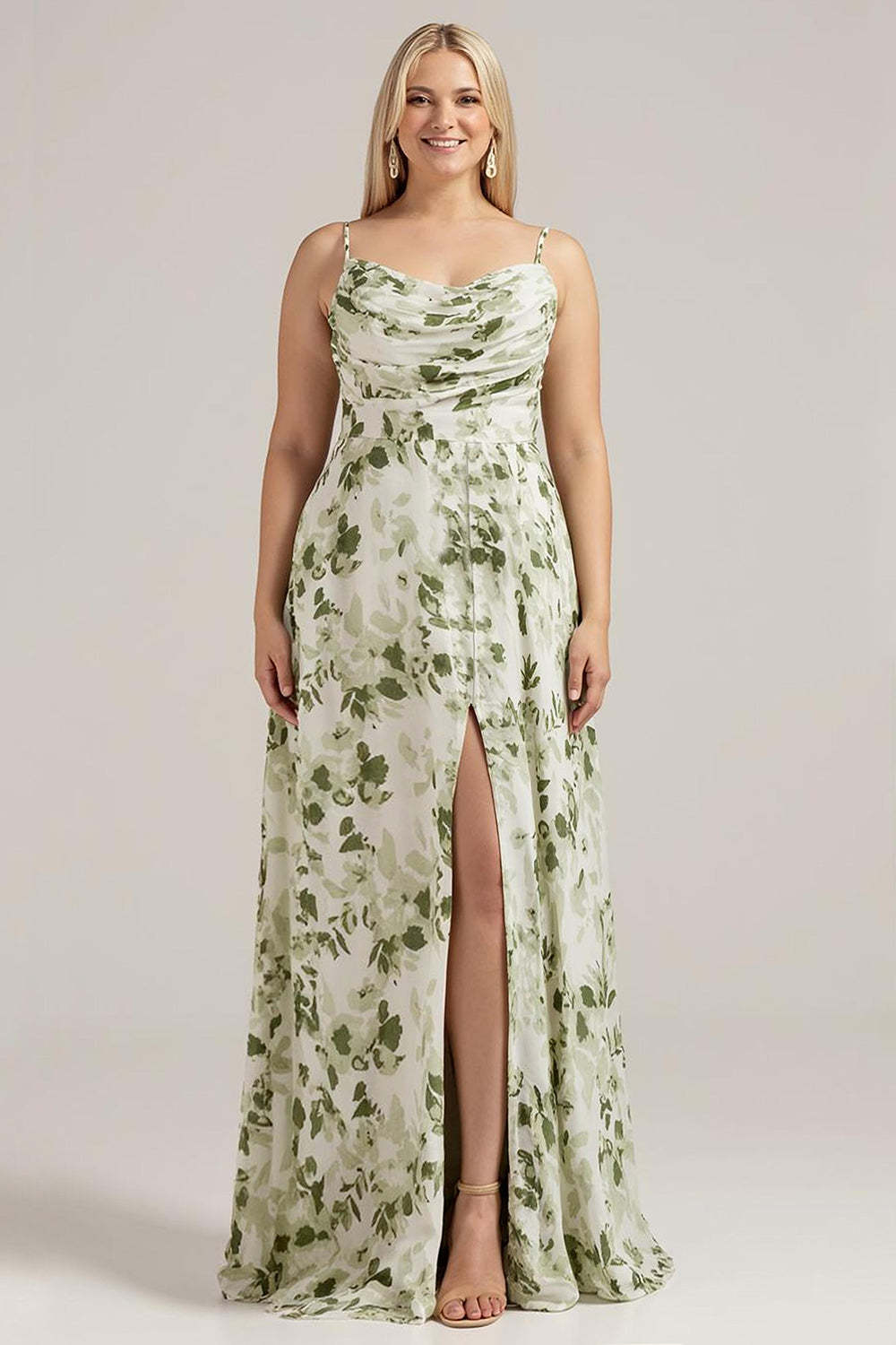 Leely Women Plus Size Cowl Neck Green Floral Bridesmaid Dress with Slit A Line Spaghetti Straps Long Wedding Guest Dress