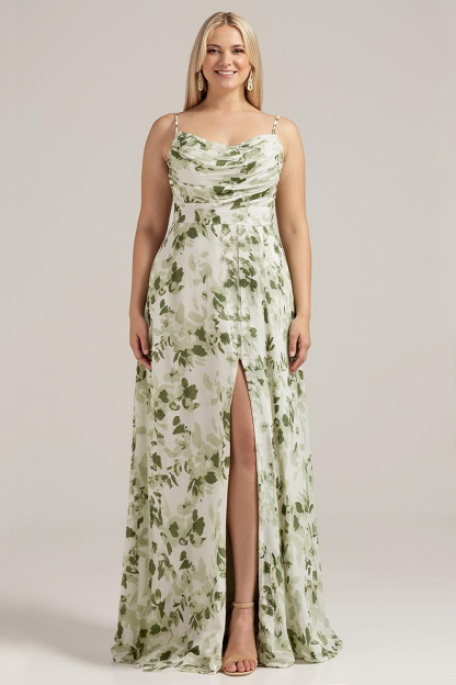 Green Floral Cowl Neck A Line Bridesmaid Dress with Slit