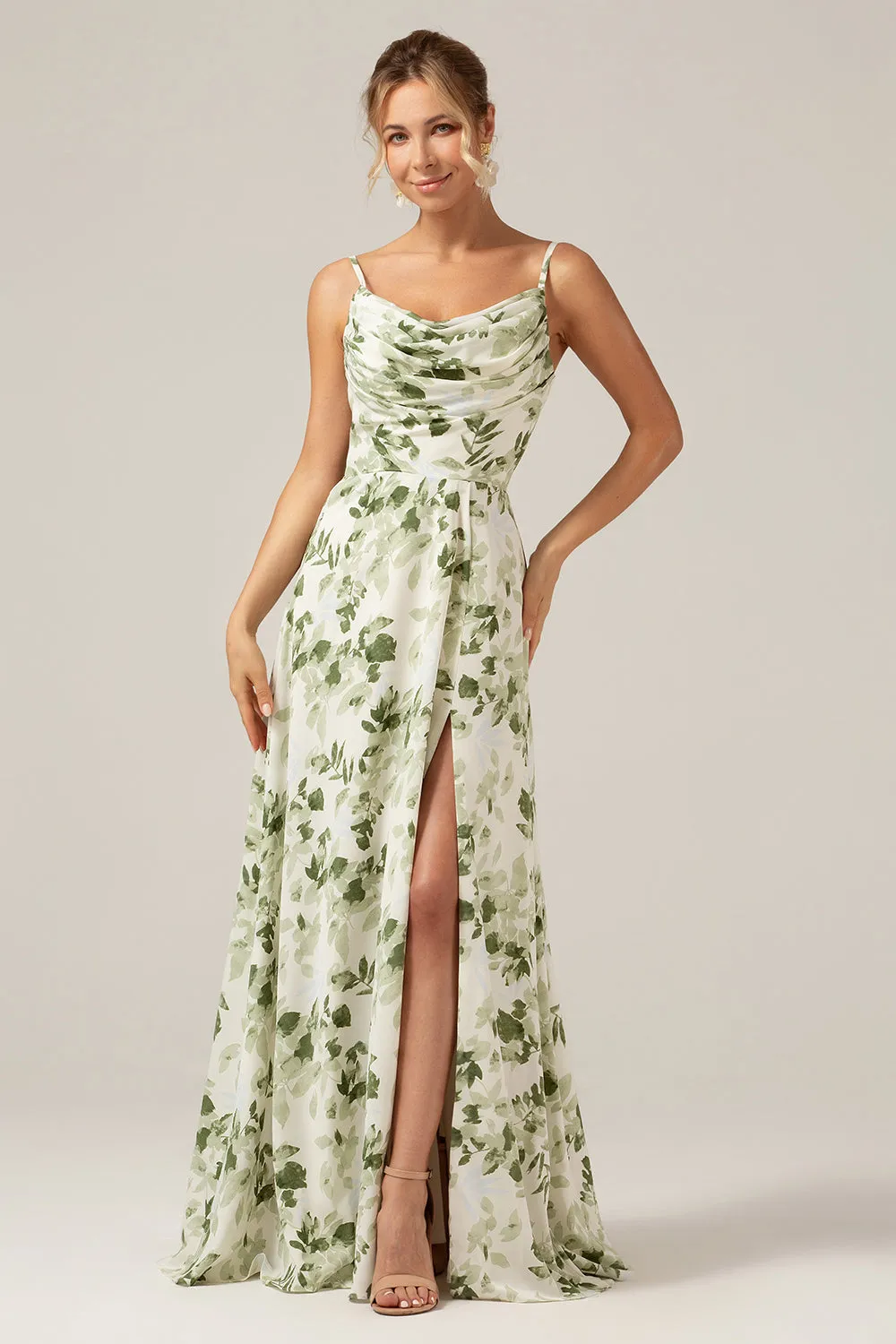 Green A Line Spaghetti Straps Printed Long Prom Dress With Slit