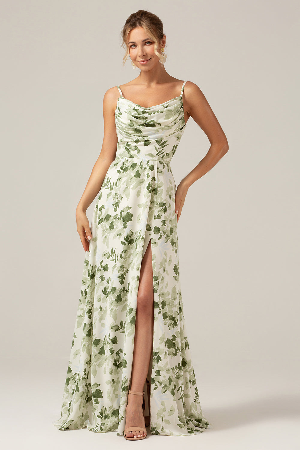 Plus Size Green Floral A Line Long Bridesmaid Dress with Slit