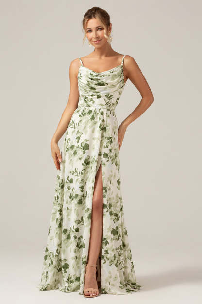 Plus Size Green Floral A Line Long Bridesmaid Dress with Slit