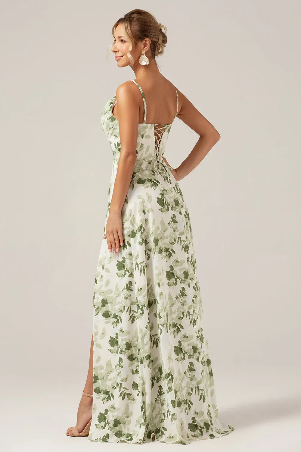 Green A Line Spaghetti Straps Printed Long Prom Dress With Slit