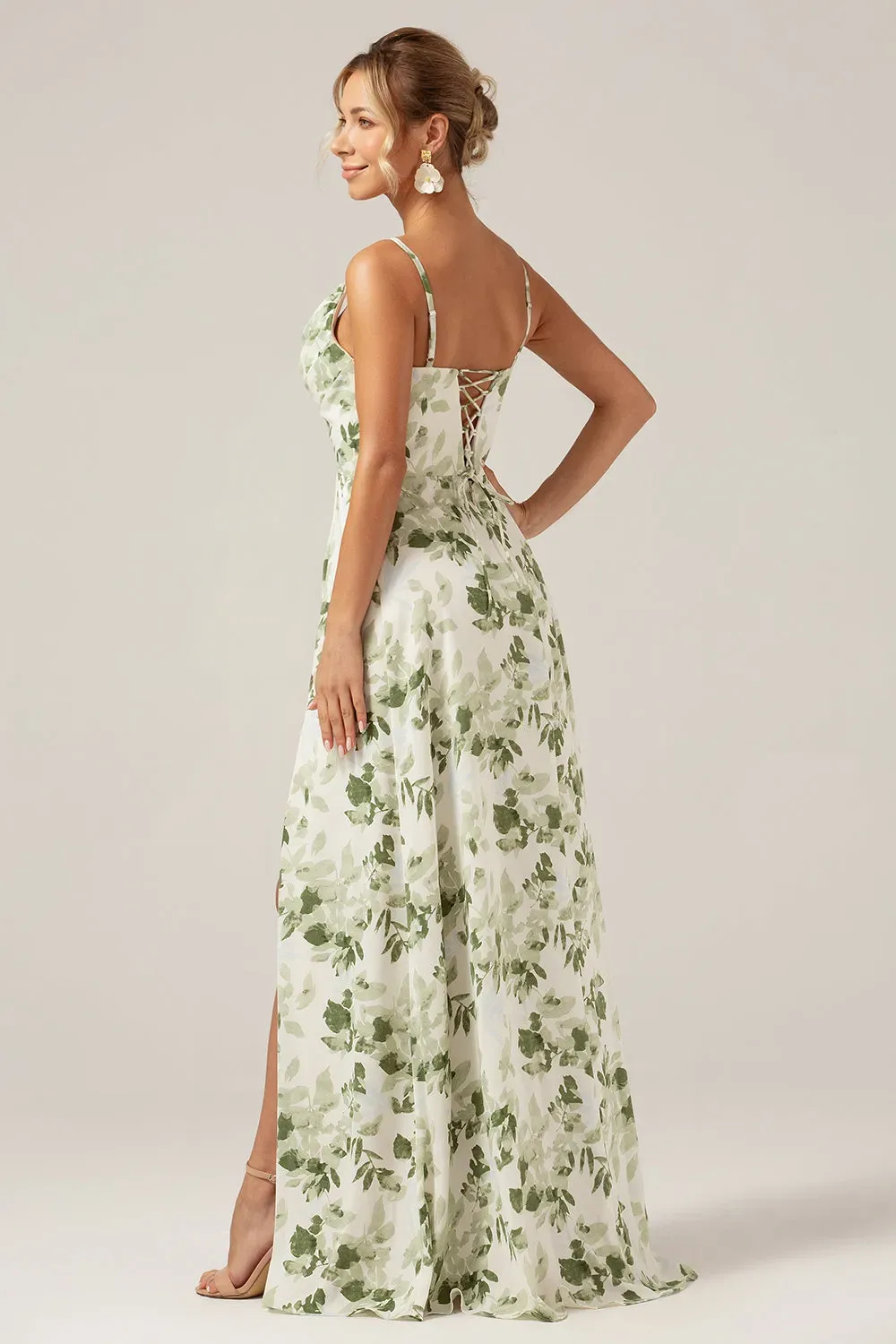 Green A Line Spaghetti Straps Printed Long Prom Dress With Slit