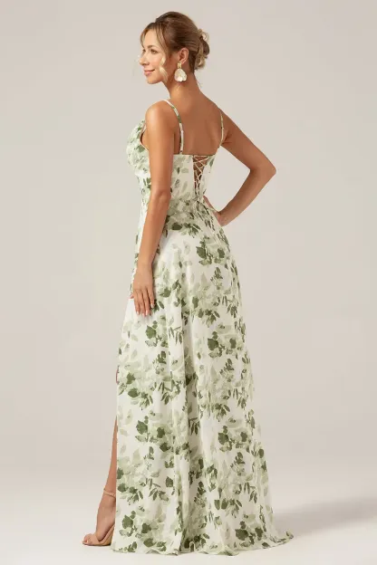 Green A Line Spaghetti Straps Printed Long Prom Dress With Slit