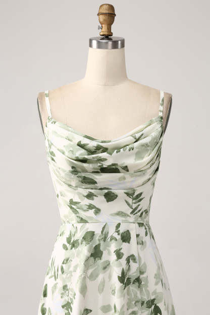 Green Floral Cowl Neck A Line Bridesmaid Dress with Slit