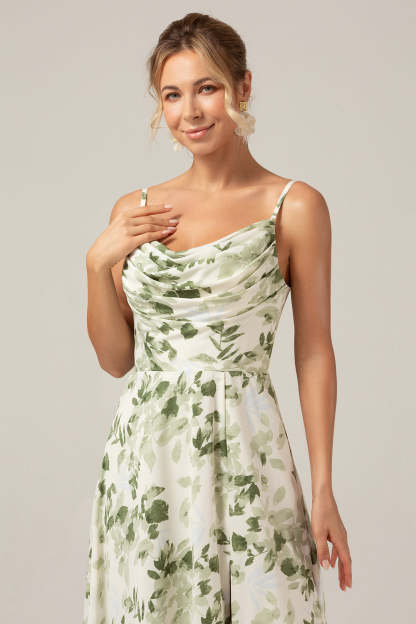 Plus Size Green Floral A Line Long Bridesmaid Dress with Slit