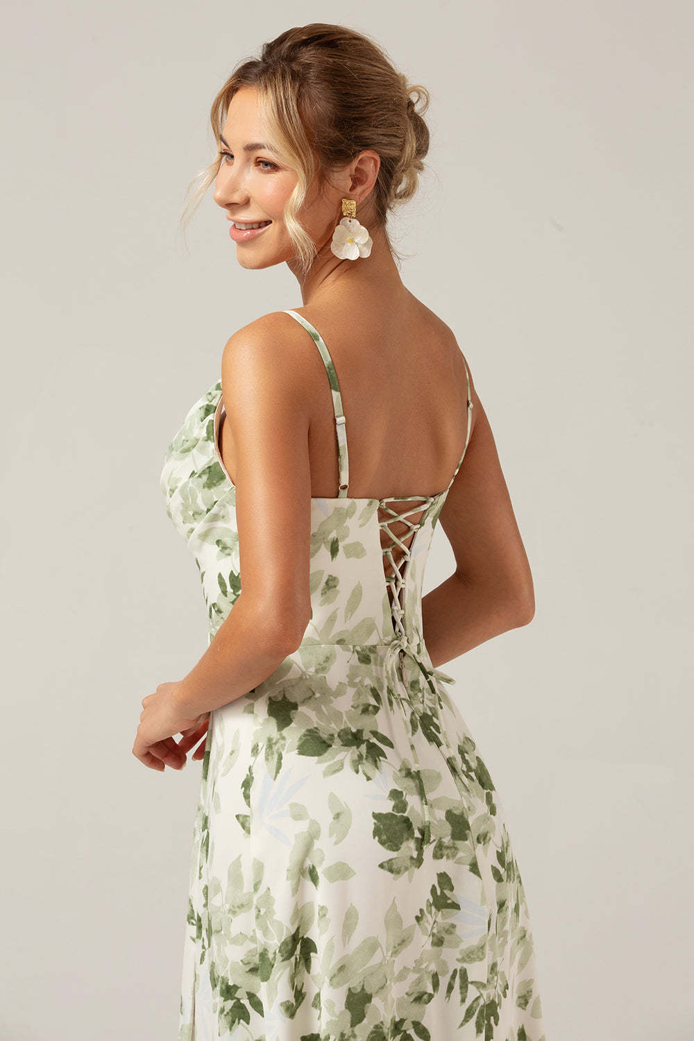 Green Floral Cowl Neck A Line Bridesmaid Dress with Slit