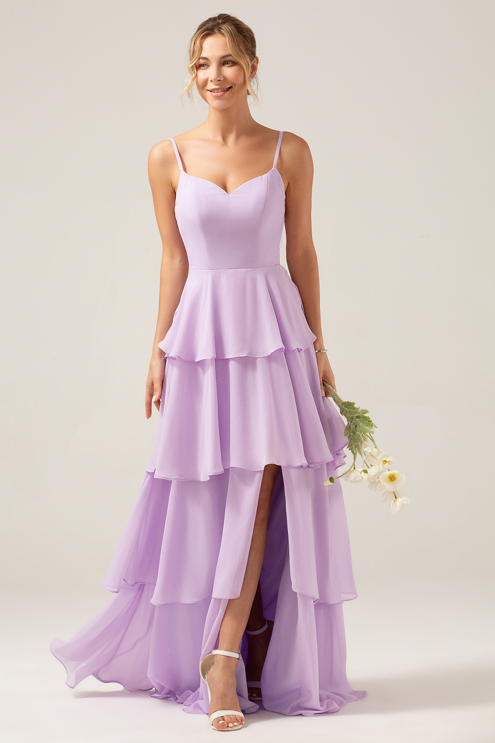 Leely Women Lilac Long Bridesmaid Dress Ruffles Tiered Chiffon Spaghetti Straps Wedding Guest Dress with Slit