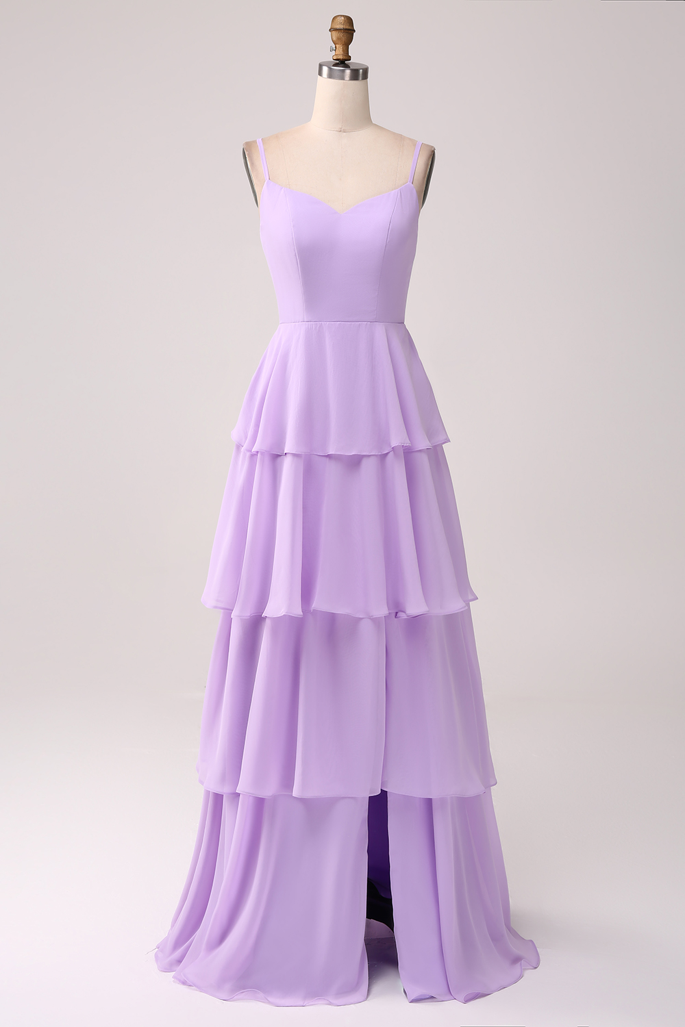 Tiered Chiffon Lilac Bridesmaid Dress with Slit