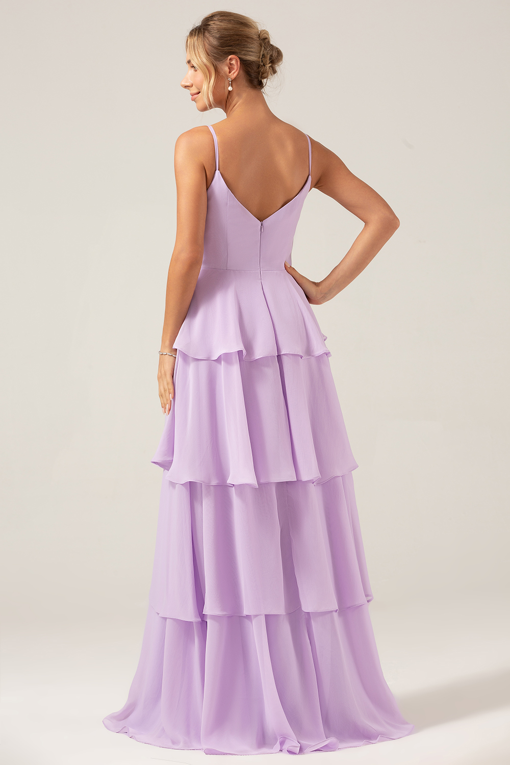 Lilac A Line Spaghetti Straps Ruffles Tiered Chiffon Bridesmaid Dress with Slit