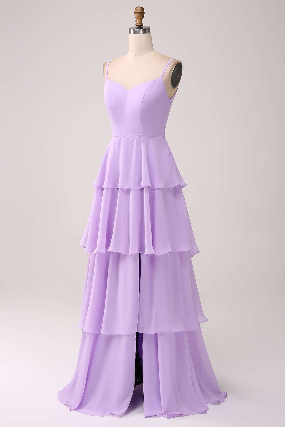 Tiered Chiffon Lilac Bridesmaid Dress with Slit