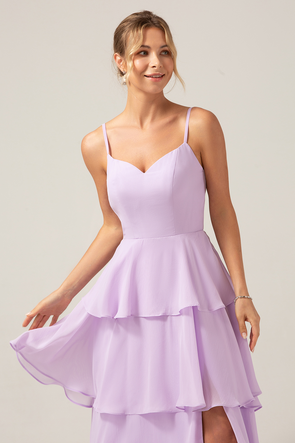 Lilac A Line Spaghetti Straps Ruffles Tiered Chiffon Bridesmaid Dress with Slit