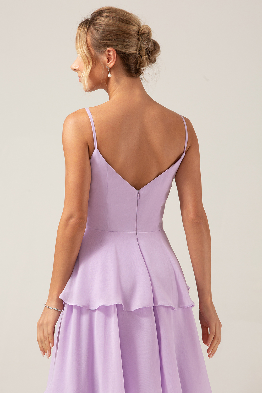 Lilac A Line Spaghetti Straps Ruffles Tiered Chiffon Bridesmaid Dress with Slit