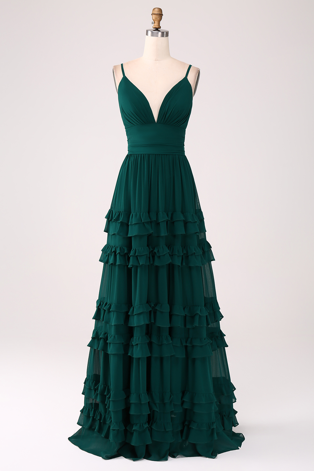 A Line Dark Green Chiffon Spaghetti Straps Tiered Bridesmaid Dress with Pleated