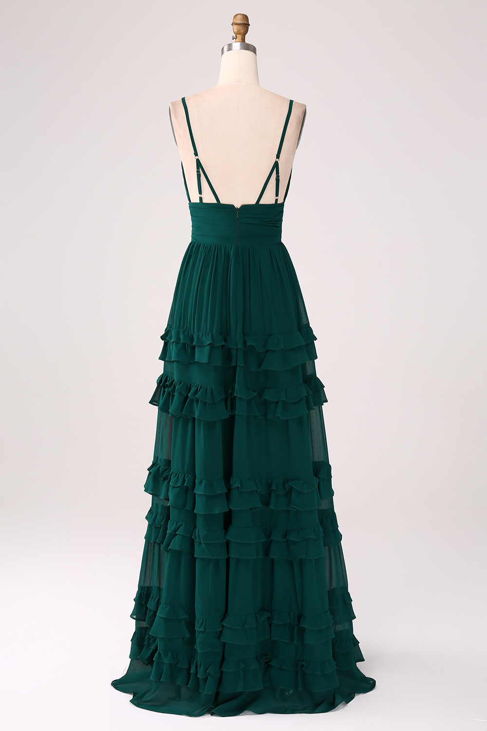 A Line Dark Green Chiffon Spaghetti Straps Tiered Bridesmaid Dress with Pleated