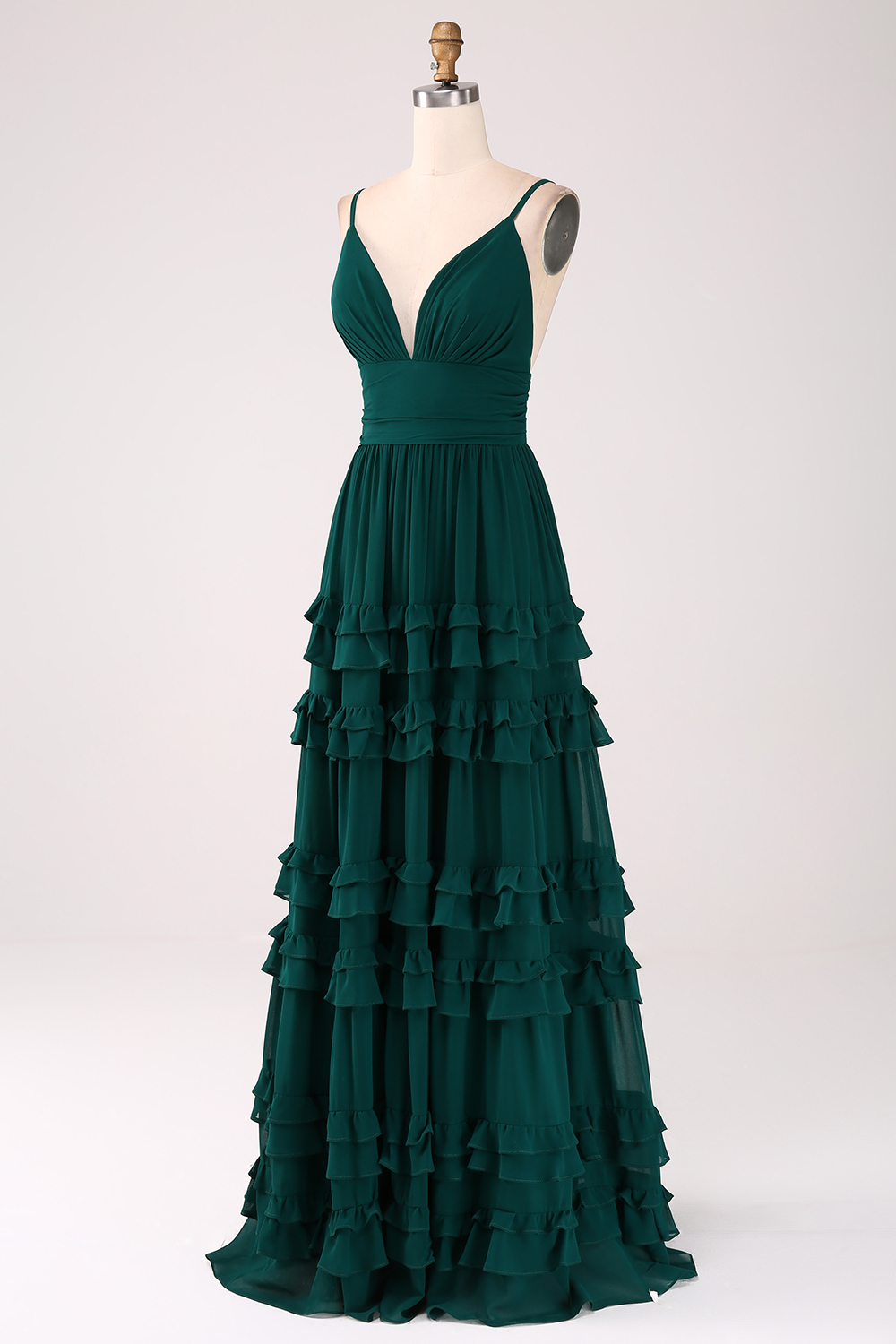 A Line Dark Green Chiffon Spaghetti Straps Tiered Bridesmaid Dress with Pleated