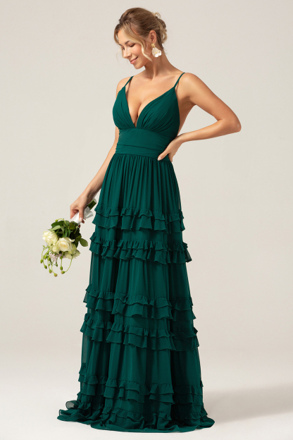 Dark Green A Line Spaghetti Straps Tiered Prom Dress with Pleated