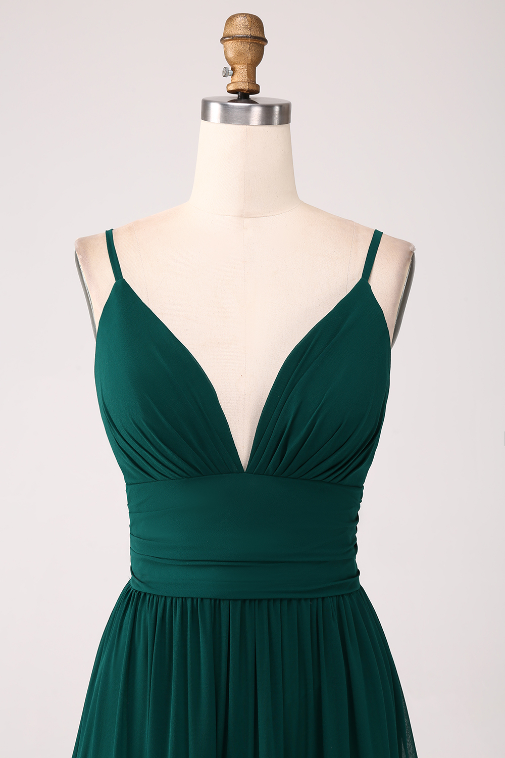 A Line Dark Green Chiffon Spaghetti Straps Tiered Bridesmaid Dress with Pleated