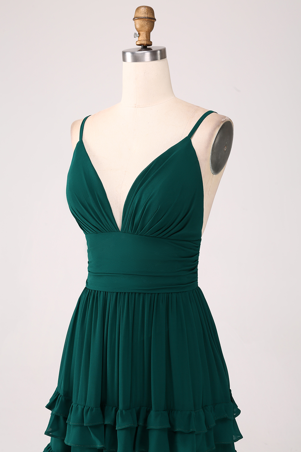 A Line Dark Green Chiffon Spaghetti Straps Tiered Bridesmaid Dress with Pleated
