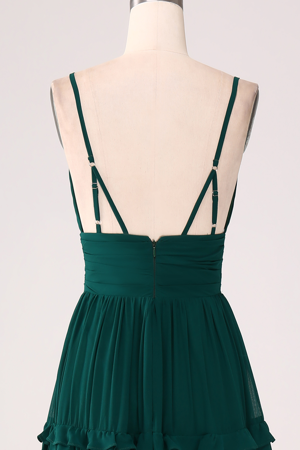 A Line Dark Green Chiffon Spaghetti Straps Tiered Bridesmaid Dress with Pleated