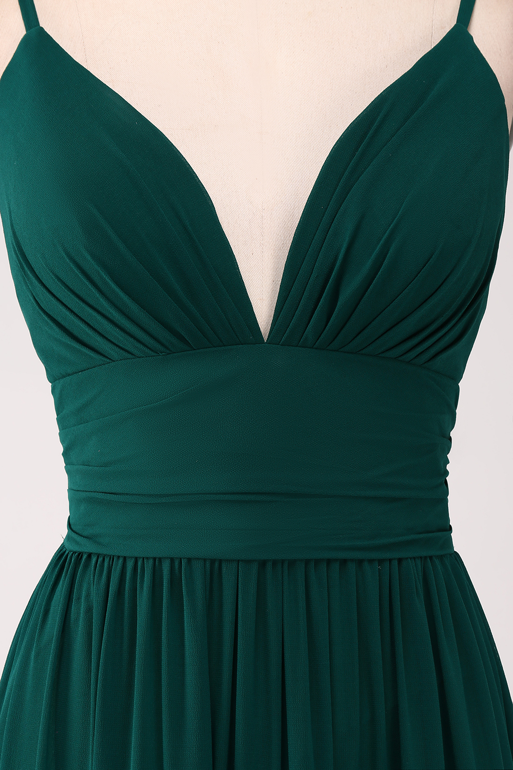 A Line Dark Green Chiffon Spaghetti Straps Tiered Bridesmaid Dress with Pleated