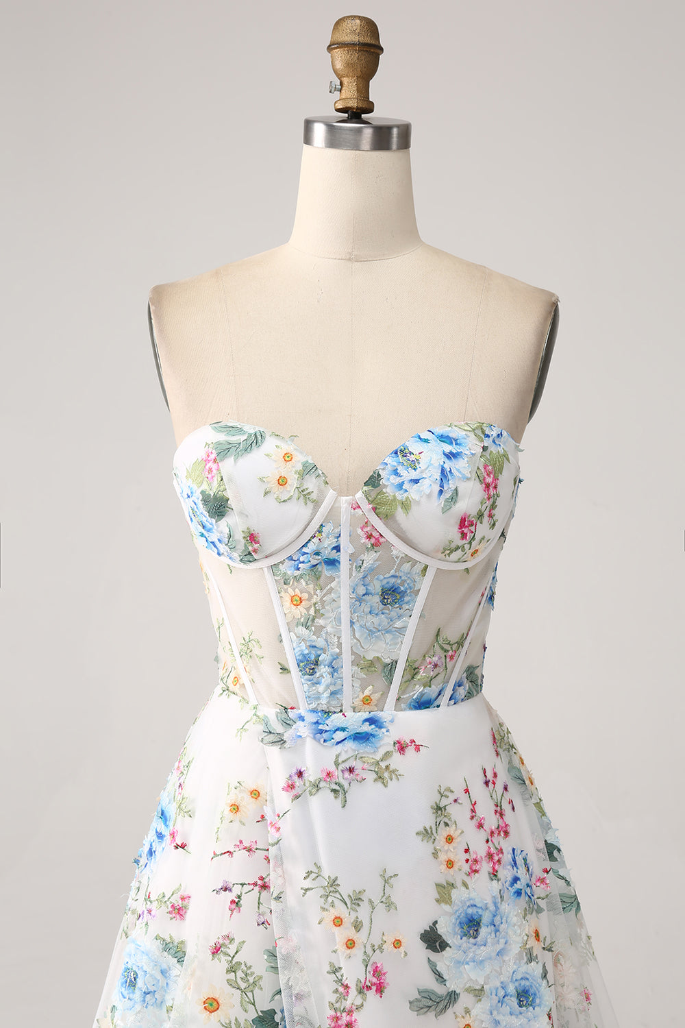 Ivory Flower Corset Boning A-Line Floral Prom Dress with Slit