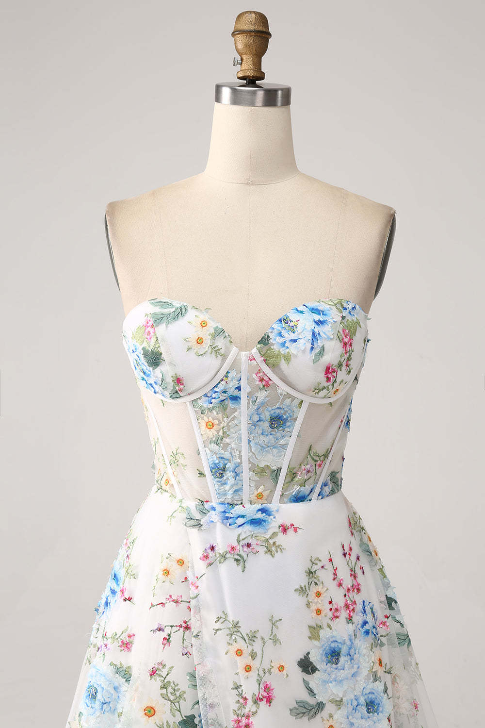 Ivory Flower Corset Boning A-Line Floral Prom Dress with Slit