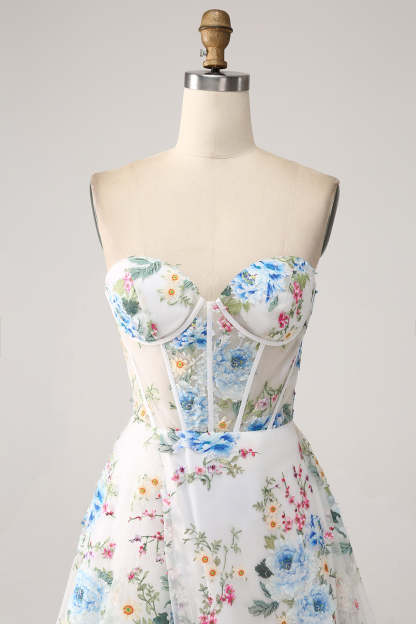 Ivory Flower Corset Boning A-Line Floral Prom Dress with Slit