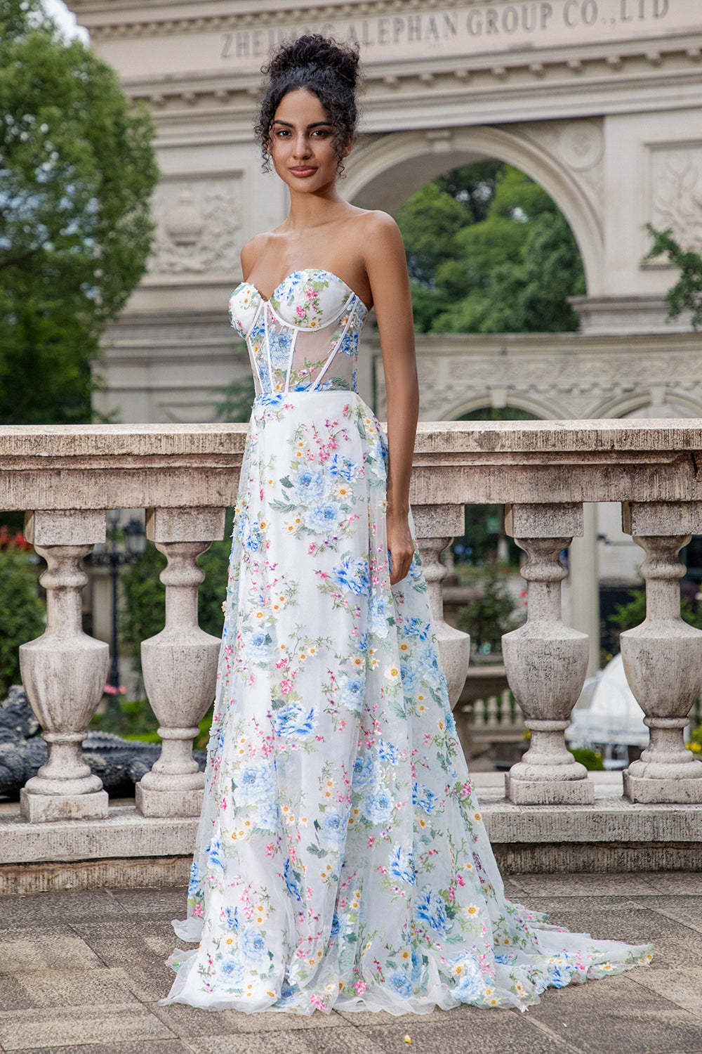 Ivory Flower Corset Boning A-Line Floral Prom Dress with Slit