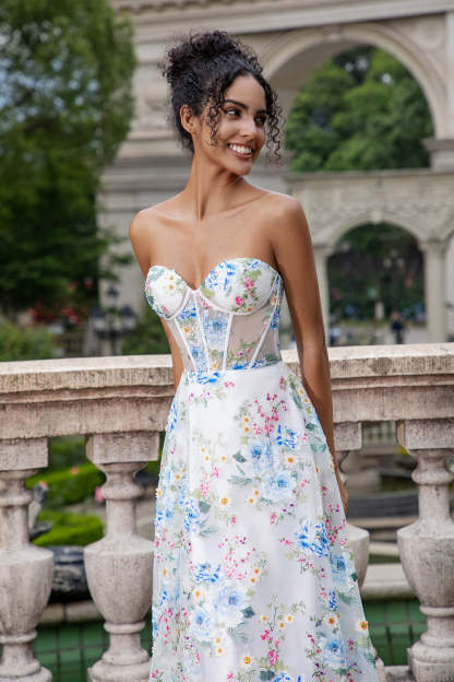 Ivory Flower Corset Boning A-Line Floral Prom Dress with Slit