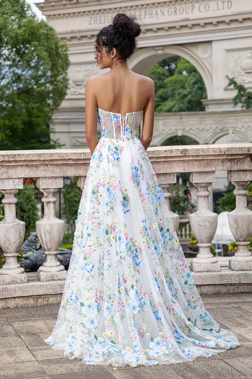Ivory Flower Corset Boning A-Line Floral Prom Dress with Slit
