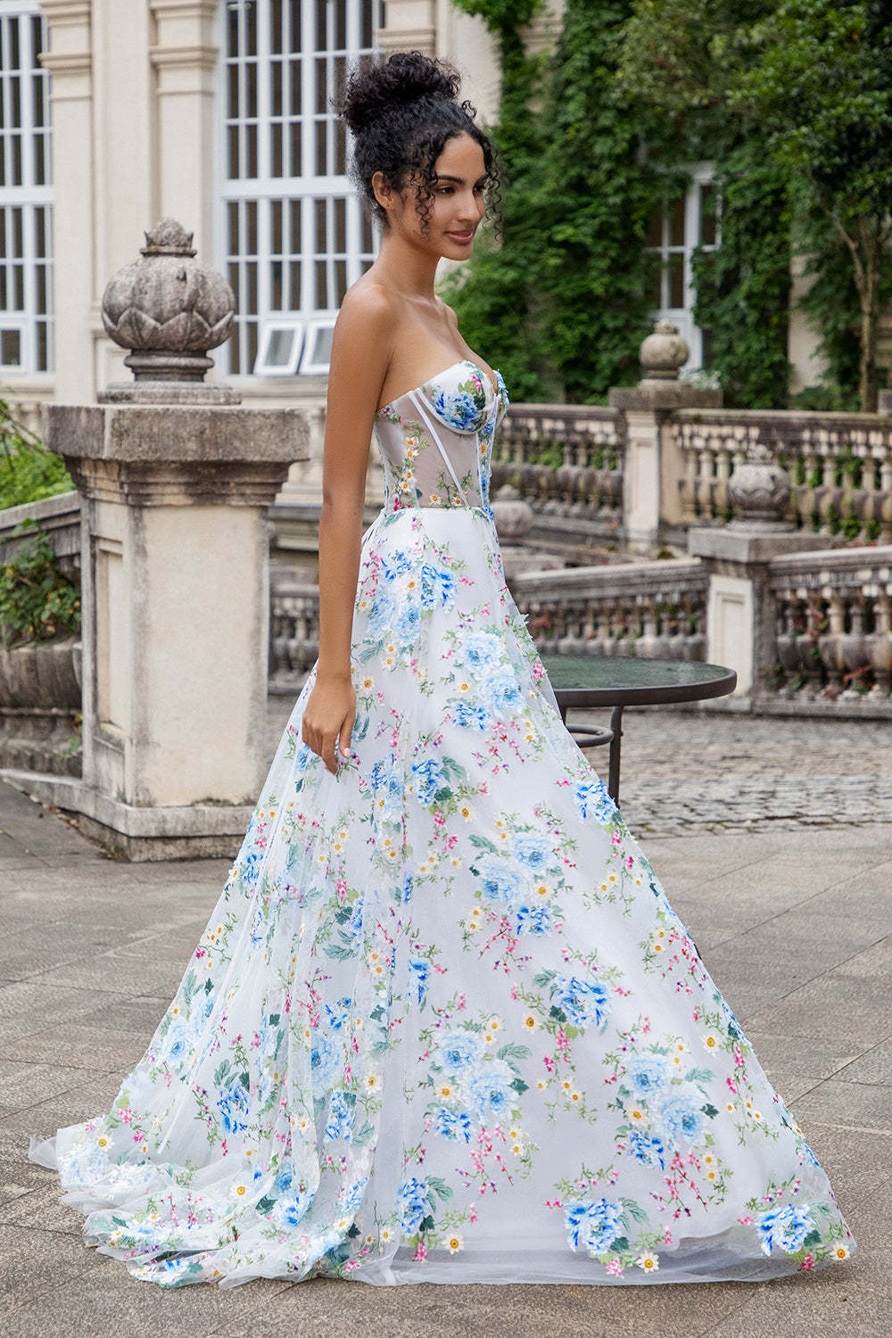 Ivory Flower Corset Boning A-Line Floral Prom Dress with Slit