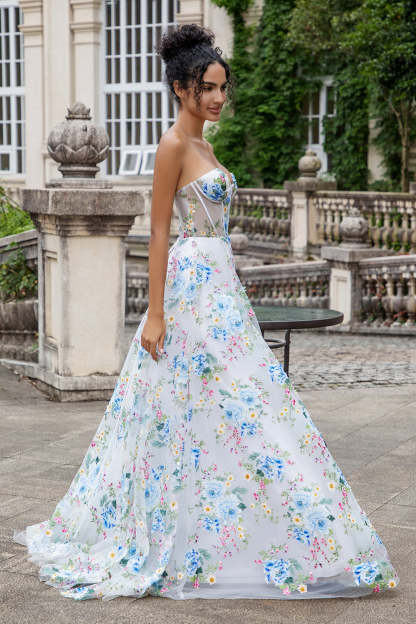 Ivory Flower Corset Boning A-Line Floral Prom Dress with Slit