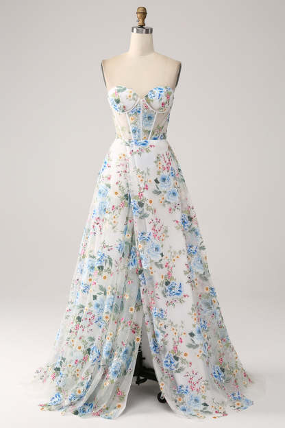 Ivory Flower Corset Boning A-Line Floral Prom Dress with Slit