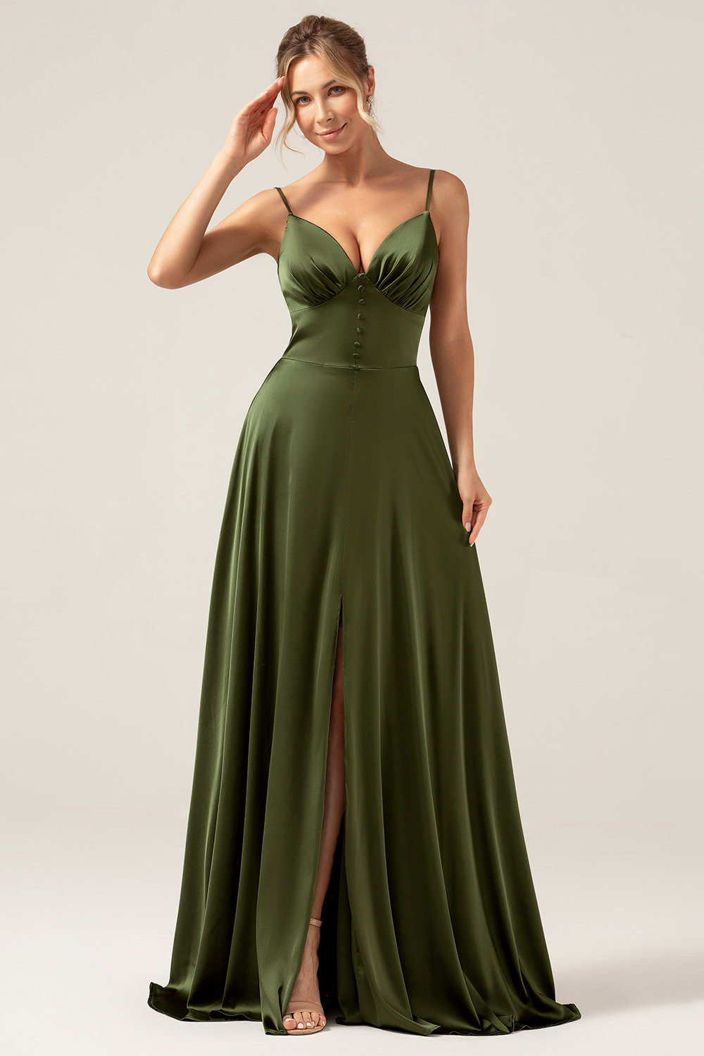 Leely Women Olive A Line Satin Bridesmaid Dress Spaghetti Straps Long Wedding Guest Dress with Slit