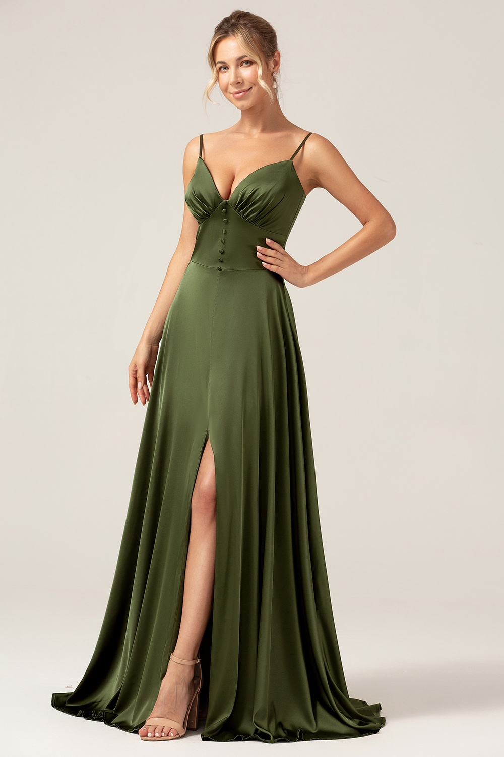 Olive A Line Spaghetti Straps Long Bridesmaid Dress with Slit