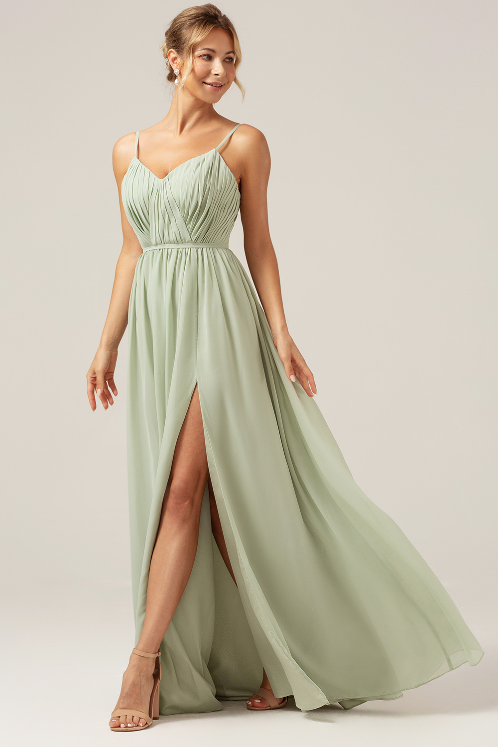 Dusty Sage A Line Spaghetti Straps Pleated Maternity Bridesmaid Dress with Slit